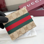 Gucci small card wallet with GG canvas and green-red web stripe, close angled view