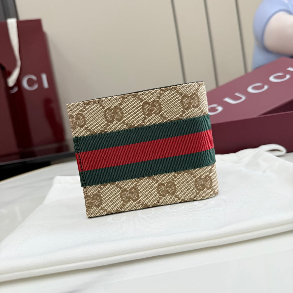 Gucci GG canvas card case with green and red web stripe on tan