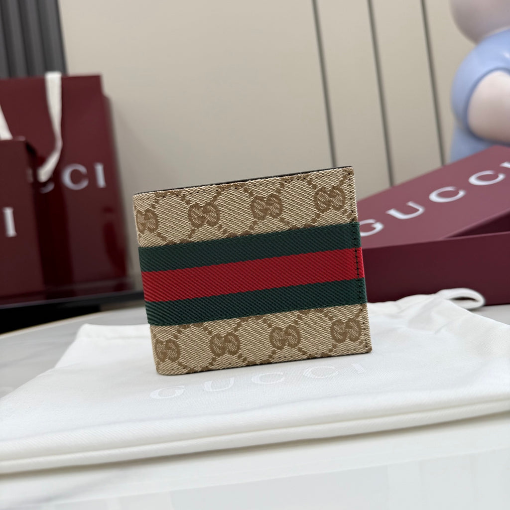 Gucci small card wallet with GG canvas and green-red web stripe, folded front