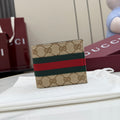 Gucci small card wallet with GG canvas and green-red web stripe, folded front