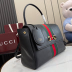 Black leather Gucci tote bag with web stripe and flap, gold-tone hardware