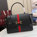 Black leather Gucci tote bag with green and red web stripe, gold-tone hardware