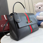Gucci bag with dark leather, green-red stripe, flap and horseshoe gold clasp