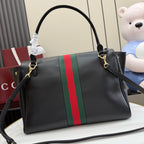Gucci bag with dark leather, green-red stripe and top handles with gold hardware