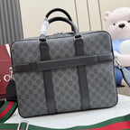 GG monogram top-handle bag with wide front strap and structured dark leather trim.