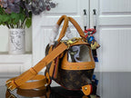 Louis Vuitton monogram handbag with tan strap, front opening, and gold trim detail