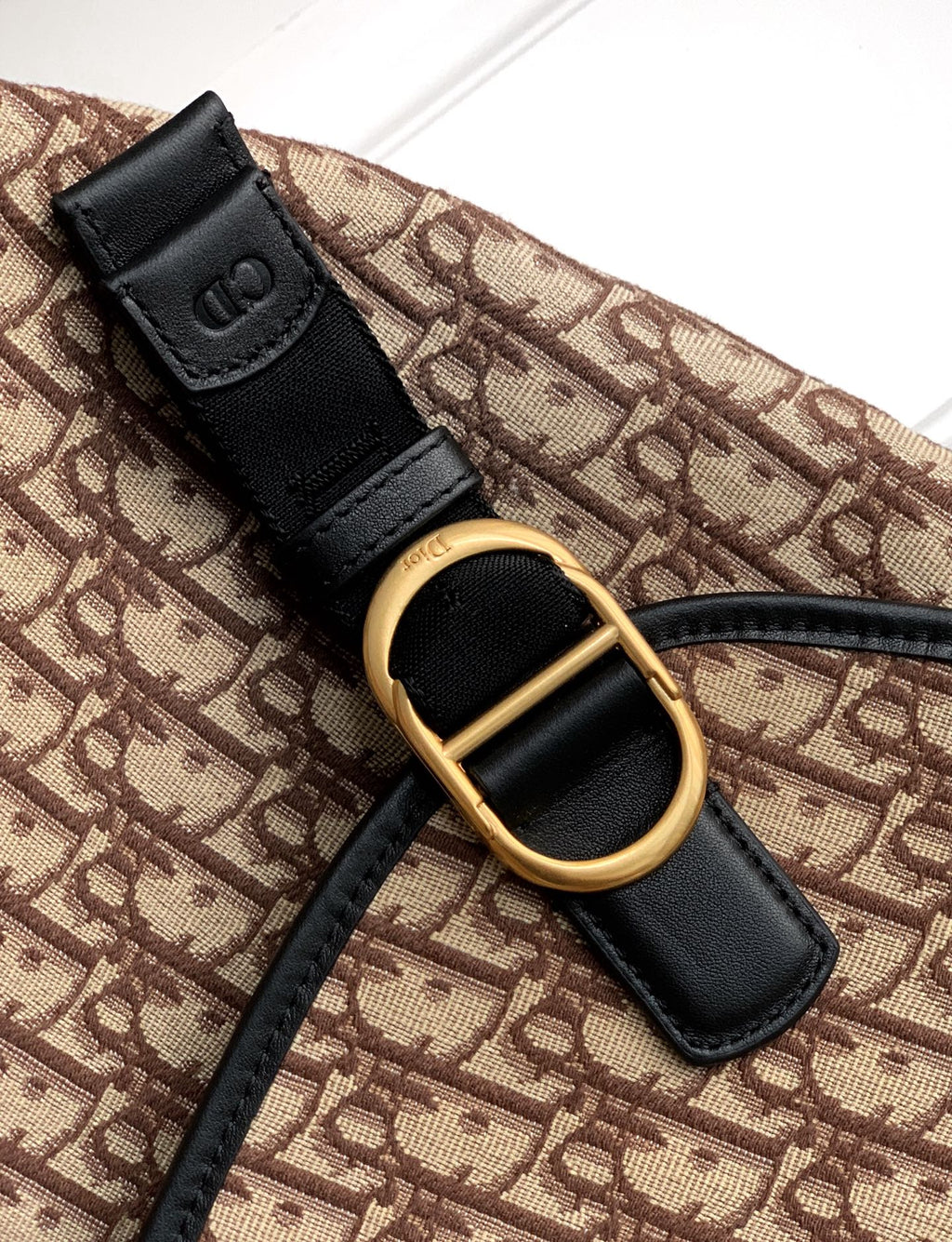 Dior bag strap detail with gold oval ring and black leather tab on monogram canvas.