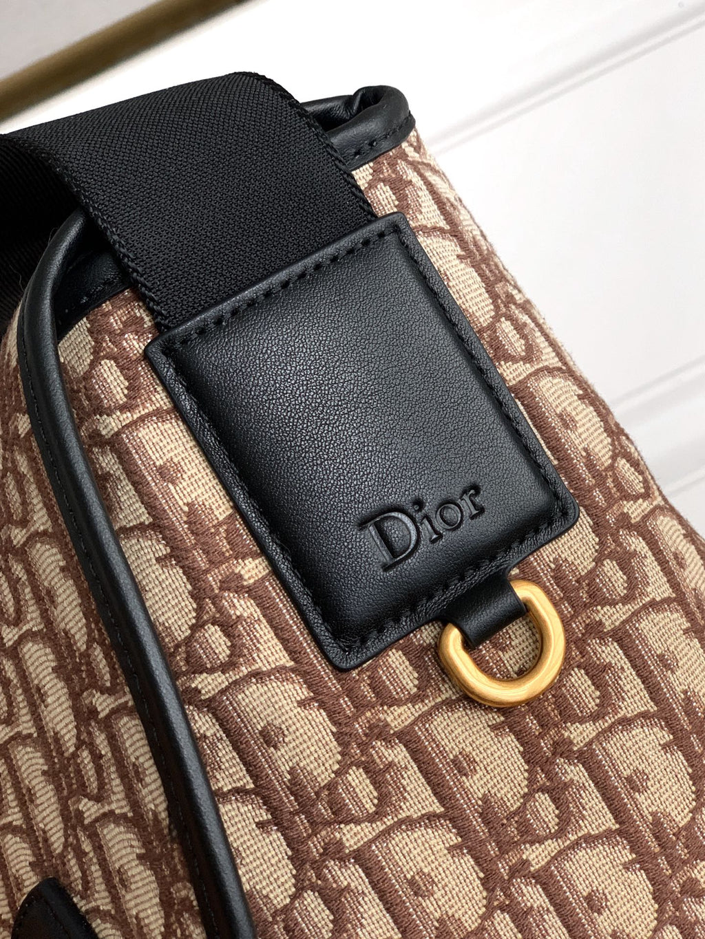 Dior bag close-up of Dior logo plaque on black tab, on beige monogram canvas.