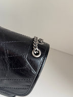 YSL dark leather shoulder bag corner clasp with linked chain and metal ring detail