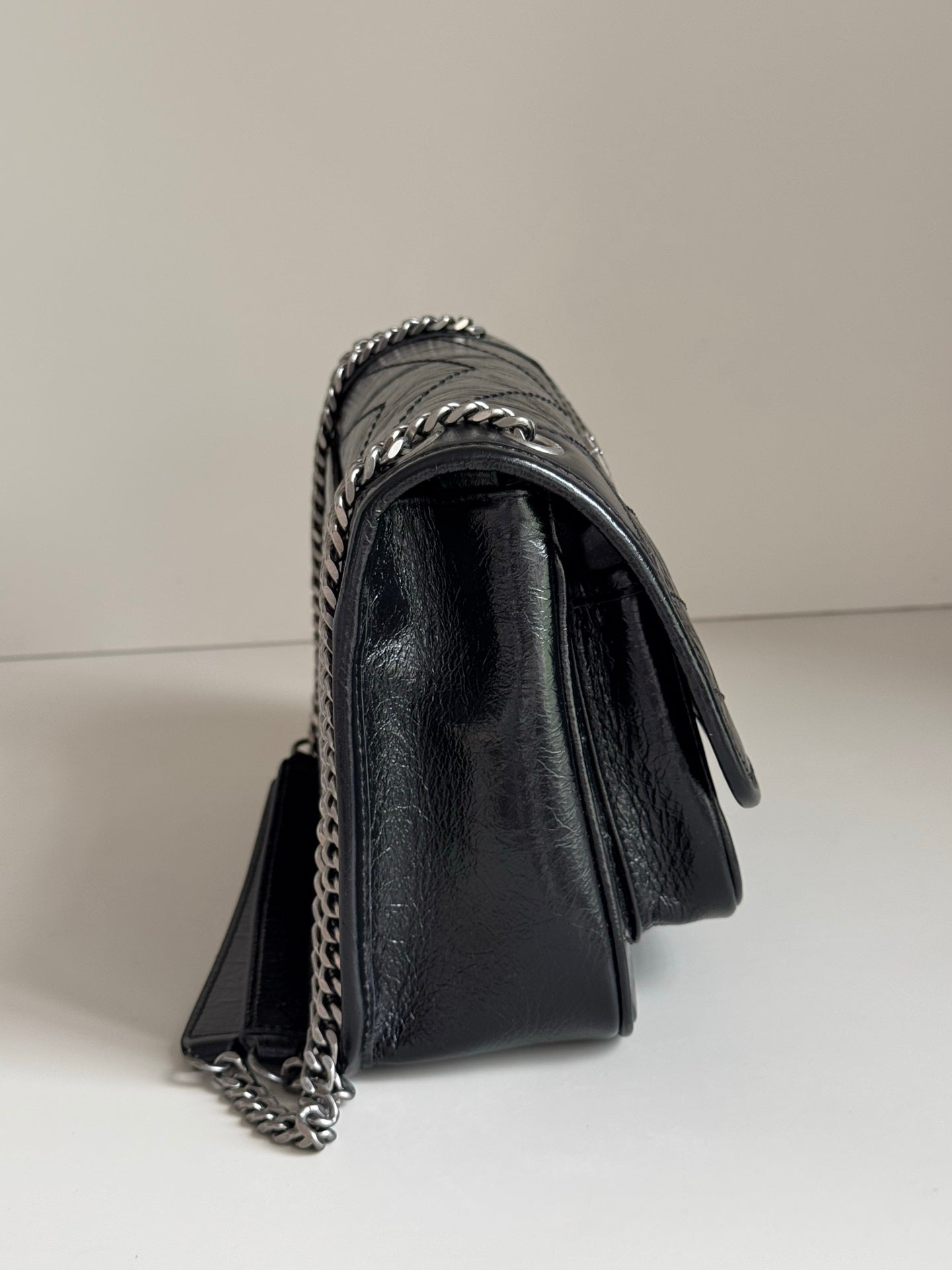 YSL dark leather mini shoulder bag with small top handle and chain strap