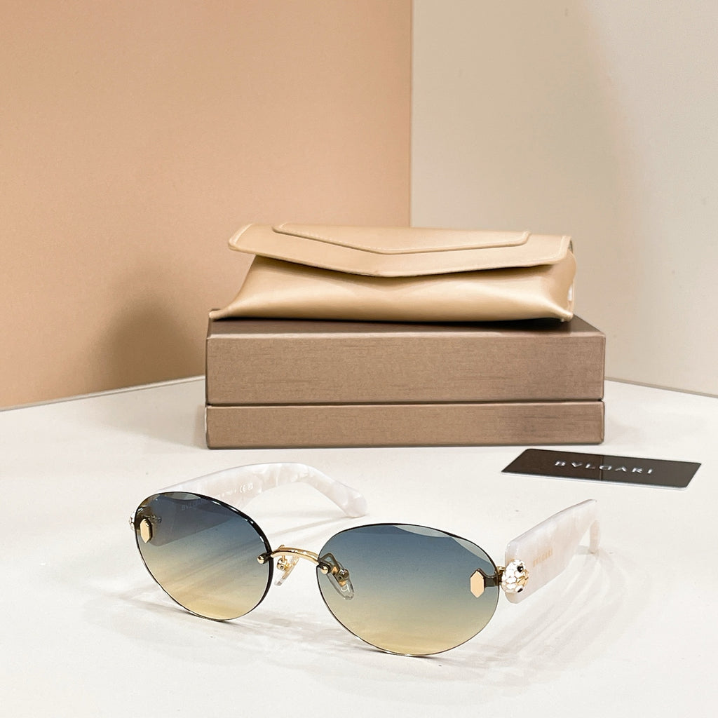 Bvlgari sunglasses with white frame and blue-tinted round lenses