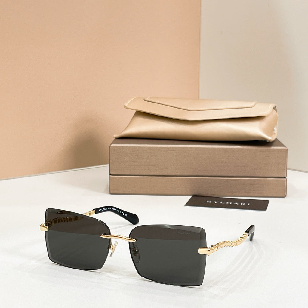 Bvlgari square sunglasses with black frames and gold bar temples