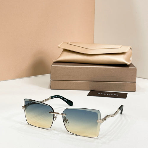 Bvlgari square sunglasses with dark blue frames and gold bar temples