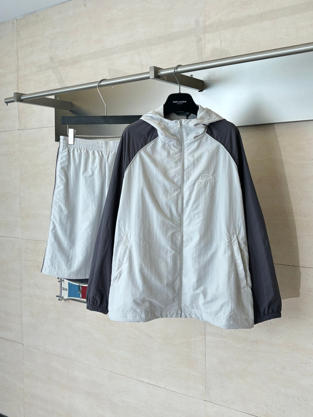 Balenciaga long jacket, white and dark hooded jacket with zip front