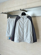 Balenciaga long jacket, white and dark hooded jacket with zip front