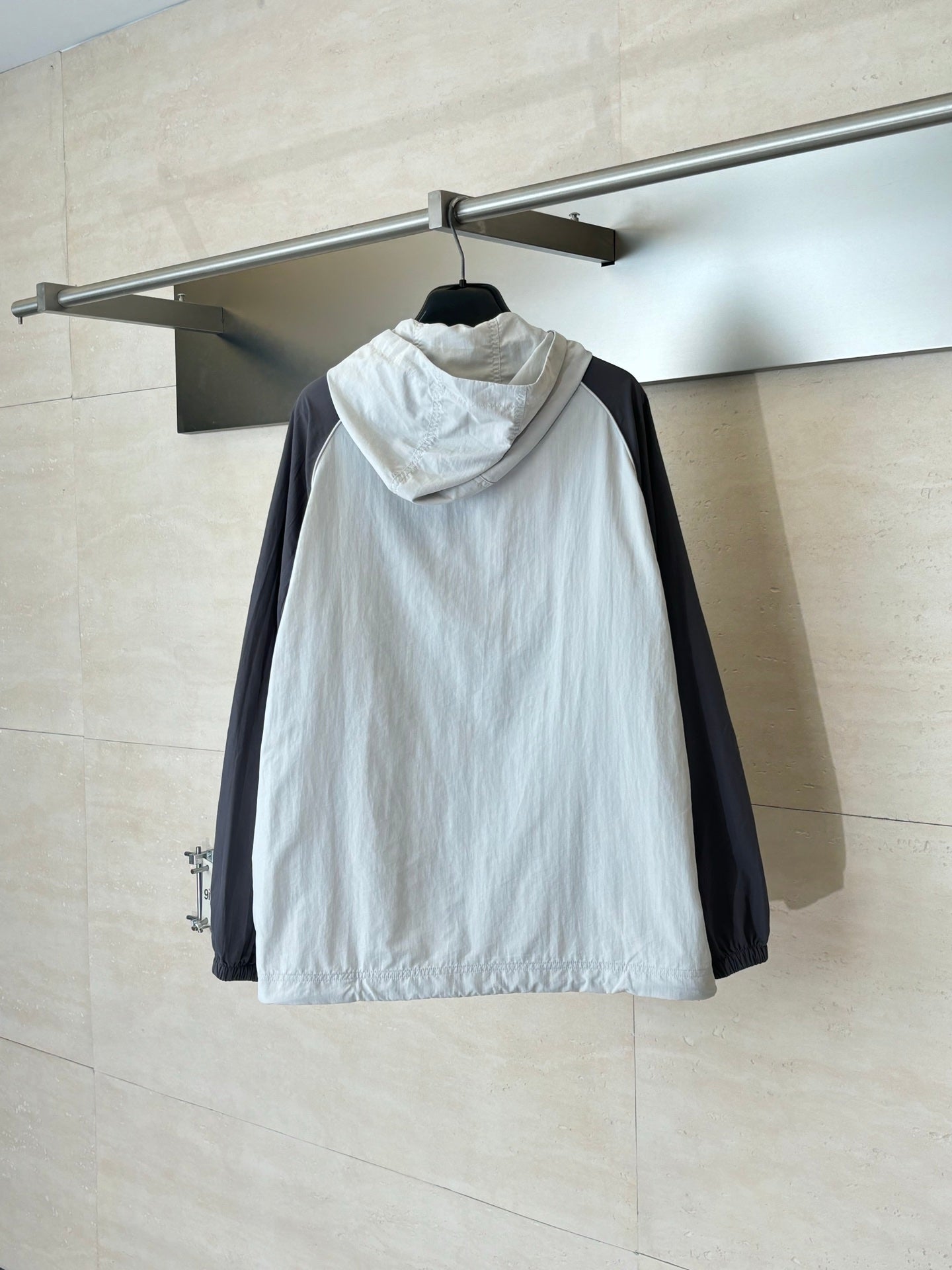 Balenciaga long jacket, white hooded windbreaker with dark side panels