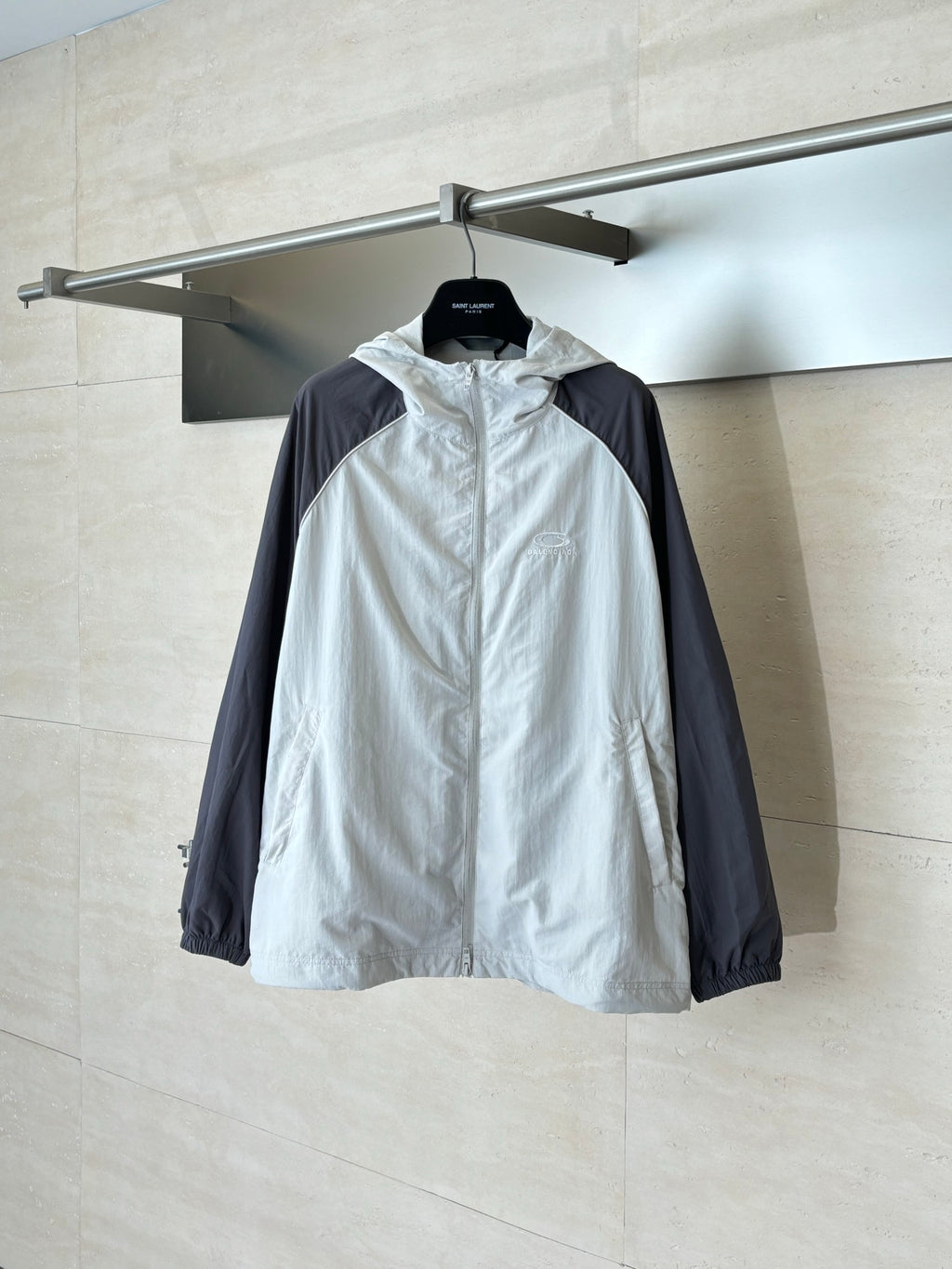 Balenciaga long jacket, white with dark sleeves, full zip and hood