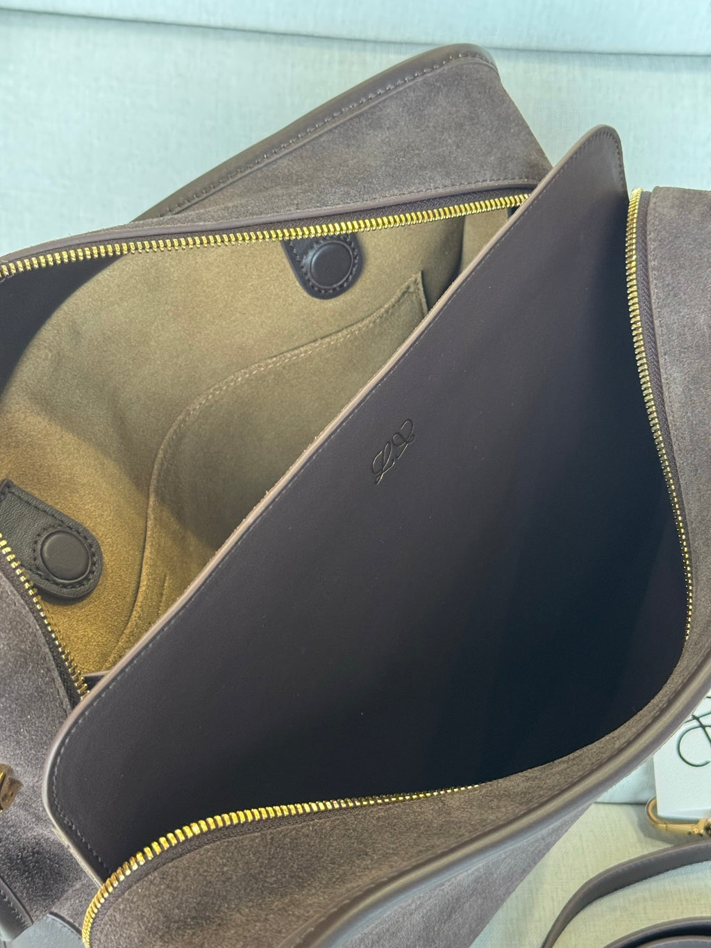 Loewe two-tone brown and olive leather handbag with gold zipper and front patch pockets