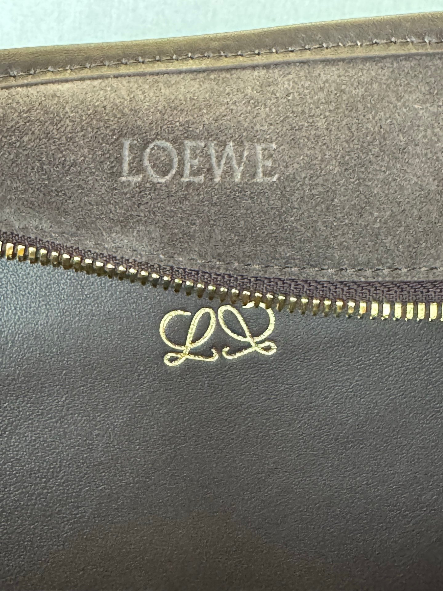 Loewe logo on brown leather near gold zipper with engraved monogram detail