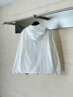 Burberry hooded jacket in white, back view with full front zipper and hood