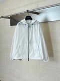 Burberry long hooded jacket, white, front zip and drawstring hem detail