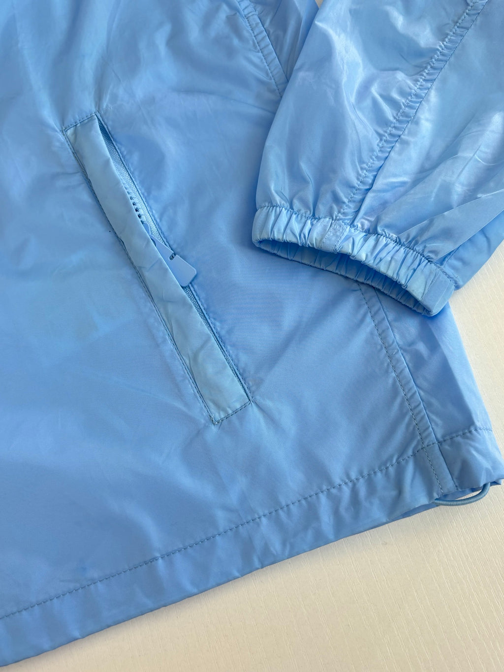 Blue jacket sleeve cuff and front zipper placket detail