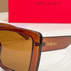 Rectangular brown sunglasses arm close-up with YSL branding and logo.