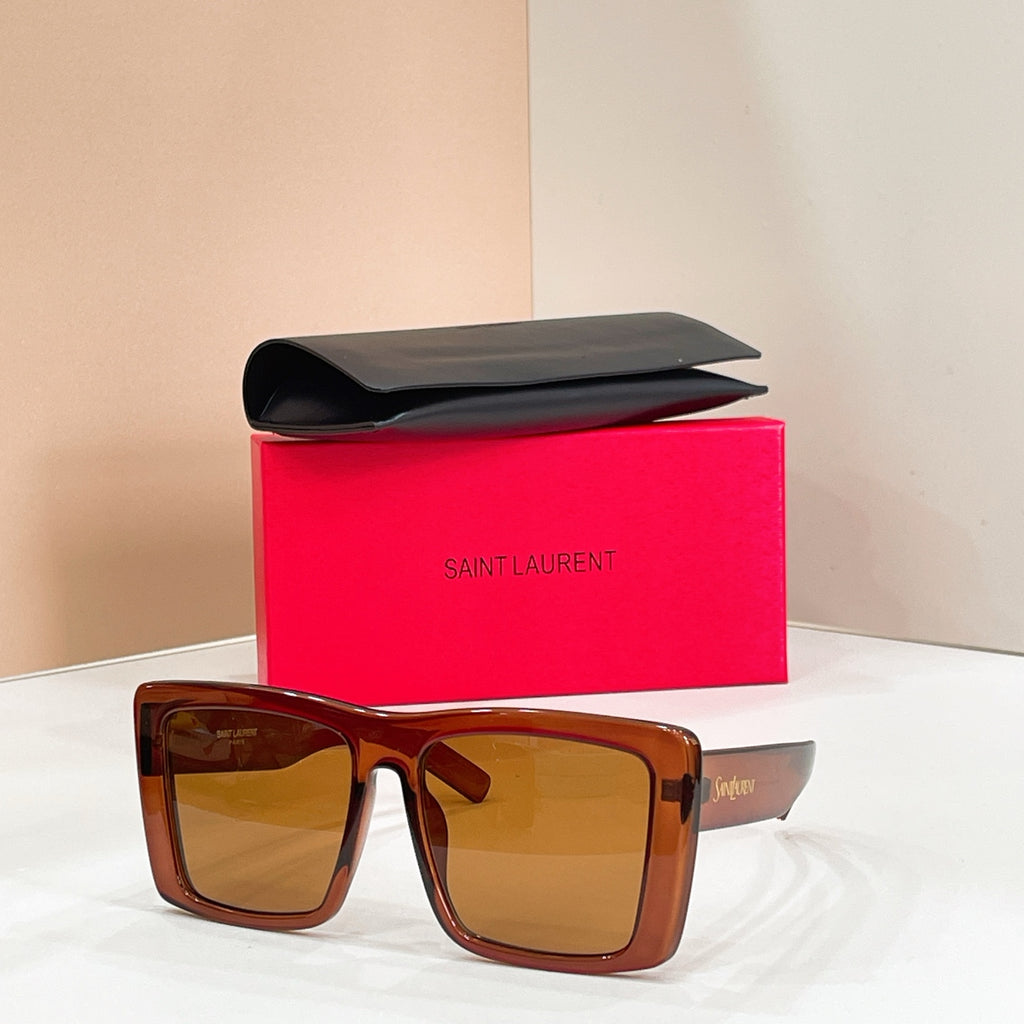 Square tortoiseshell-brown sunglasses with amber lenses and YSL logo on side arms.