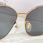 Sunglasses close-up with gold rim and dark lenses; bridge and logo detail