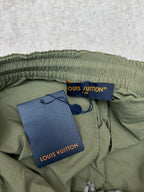Olive green Louis Vuitton pants waistband with inner drawstring and Louis Vuitton tags