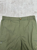 Olive green Louis Vuitton pants waistband with button closure and front pleated seams