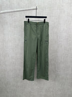 Olive green Louis Vuitton pants, front view with belt loops and button closure