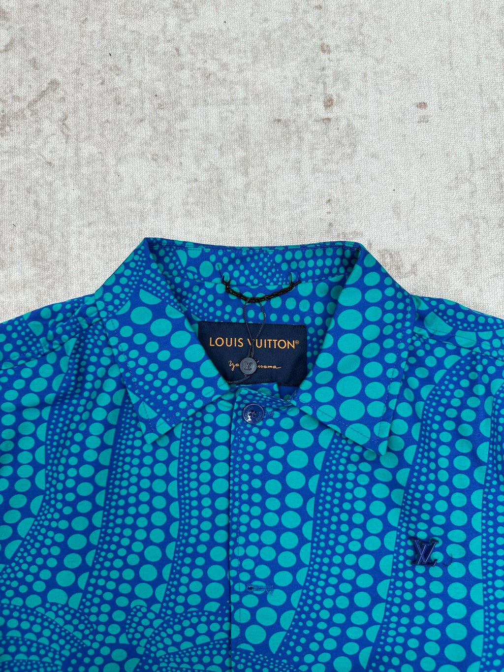 Louis Vuitton blue long-sleeve button-up shirt with teal dot pattern and collar