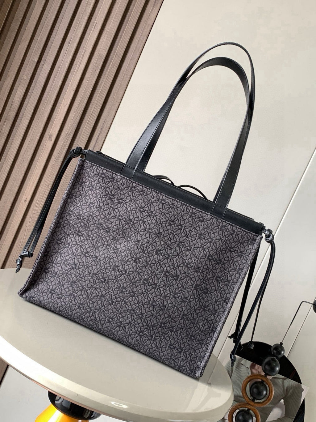 Loewe jacquard tote bag with long top handles and drawstring side ties
