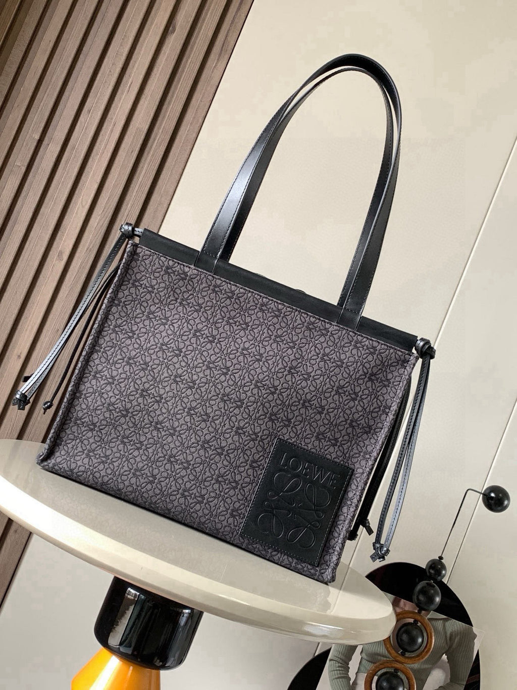 Loewe jacquard tote bag with top handles and front logo patch, dark charcoal/black
