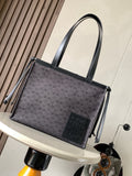 Loewe jacquard tote bag with top handles and front logo patch, dark charcoal/black