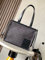 Loewe jacquard tote bag with top handles and front logo patch, dark charcoal/black