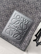 Loewe logo patch on jacquard tote bag, textured leather patch and stitched edge