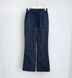 Navy drawstring pants with elastic waist and small logo patch