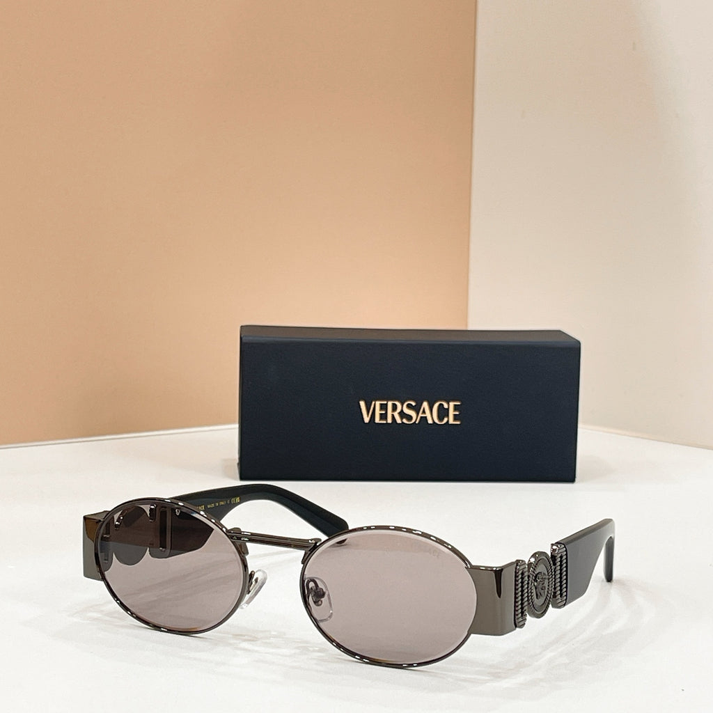 Versace sunglasses with round smoky lenses and silver-tone frame
