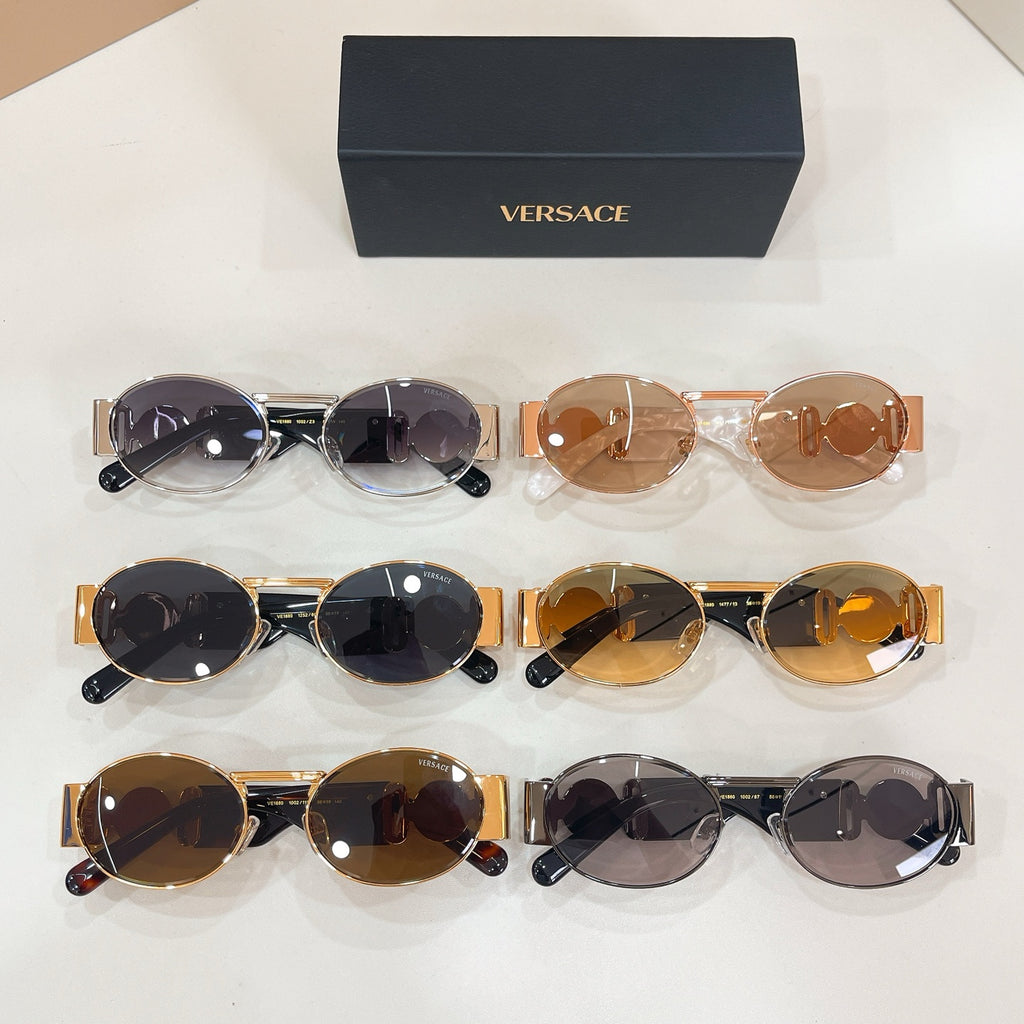 Set of Versace sunglasses on display, mixed colors and mirrored lenses