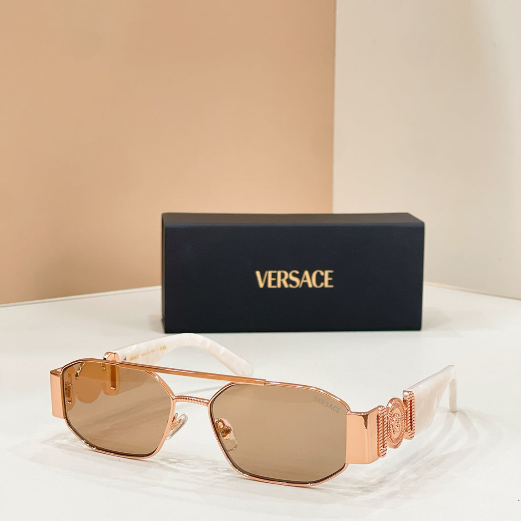 Versace sunglasses with light brown lenses, rose-gold frame, and logo temple details