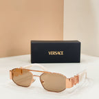 Versace sunglasses with light brown lenses, rose-gold frame, and logo temple details