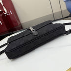 Gucci jacquard crossbody bag in black with flap top, clasp hardware, and long strap