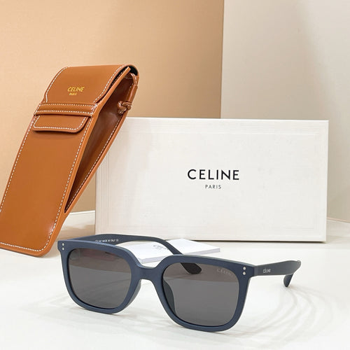 Celine sunglasses with navy-blue frame, rounded dark lenses, logo on temple.