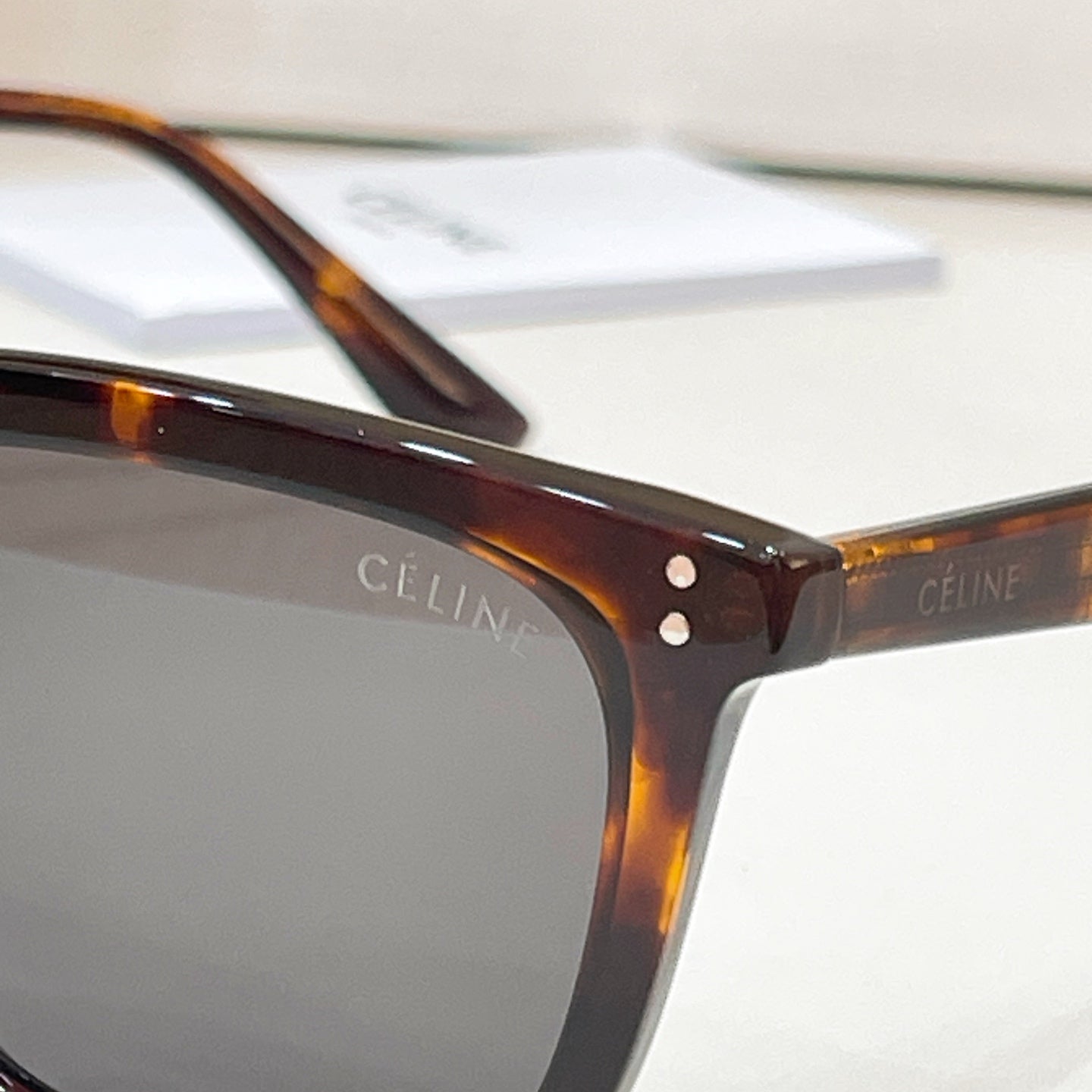 Celine sunglasses close-up of tortoiseshell frame and 'CELINE' logo on lens band.