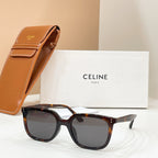 Celine sunglasses with tortoiseshell frame and gray tinted lenses, side view.