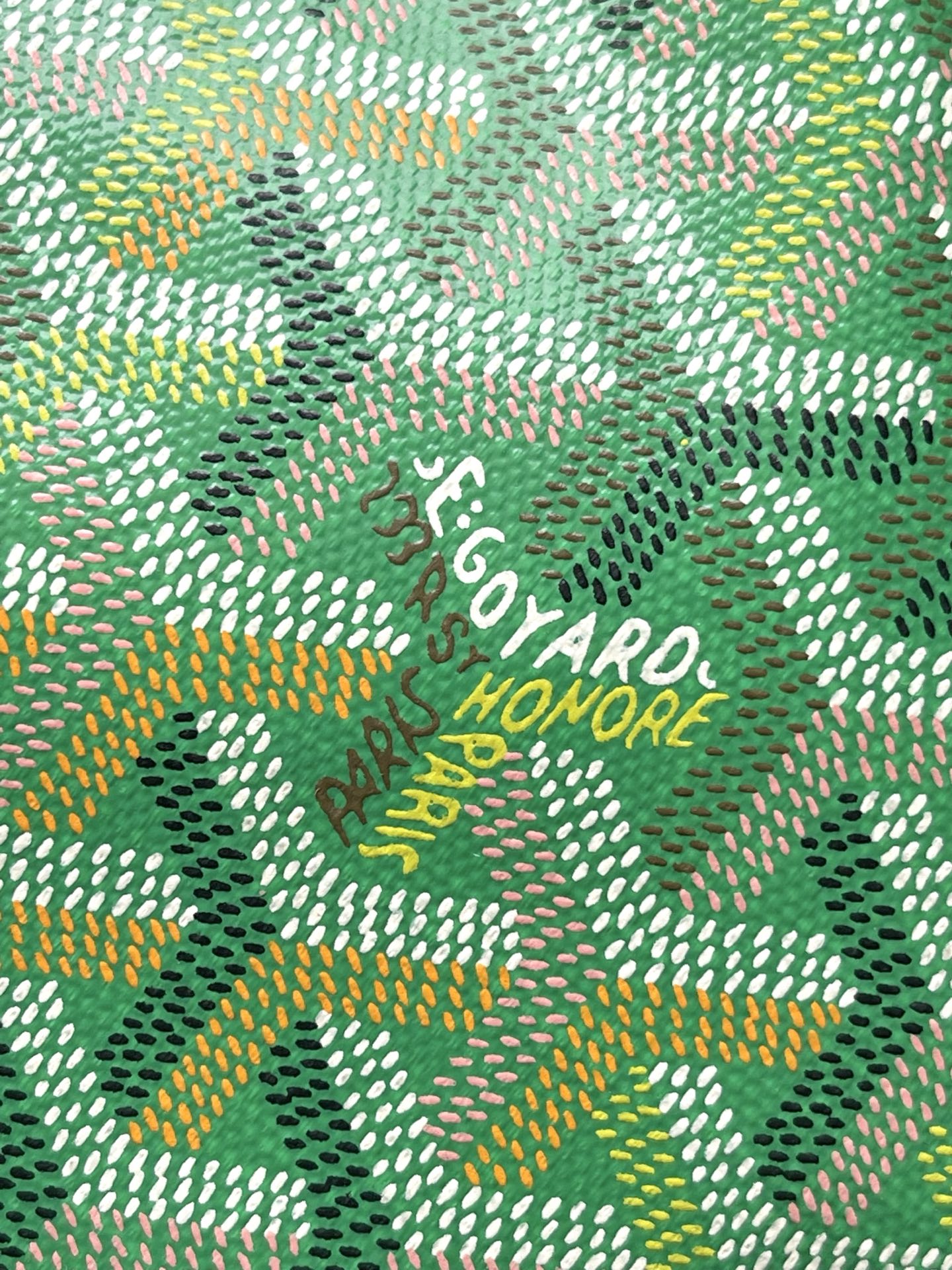 Close-up of green patterned fabric with GOYARD logo text