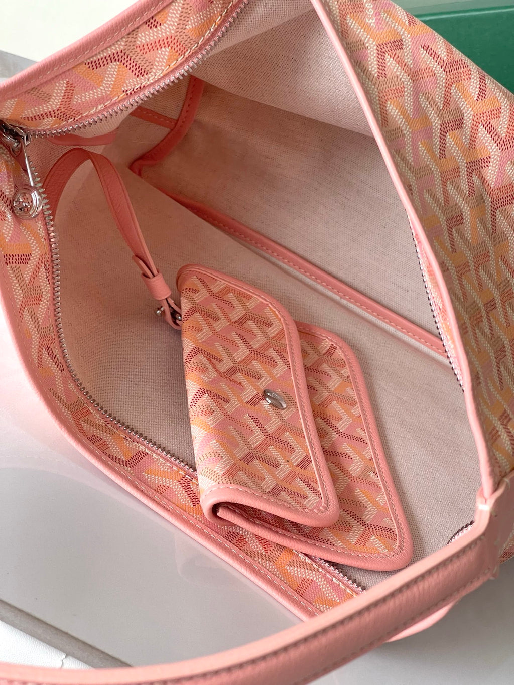 Goyard pink monogram tote bag interior with zip pocket and fabric lining