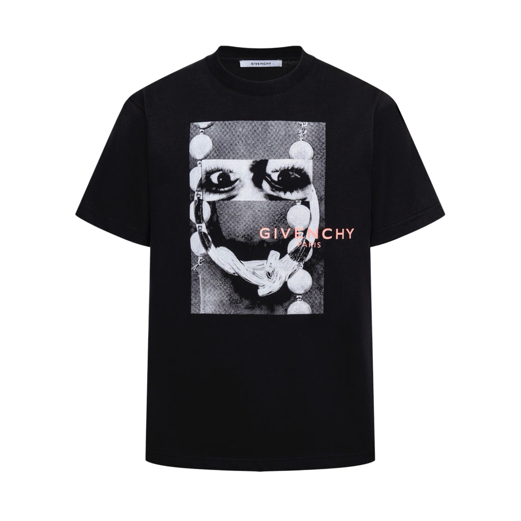 Givenchy black T-shirt with monochrome face graphic and logo print on front